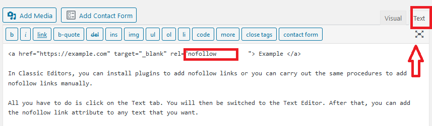 Adding nofollow links in classic editor