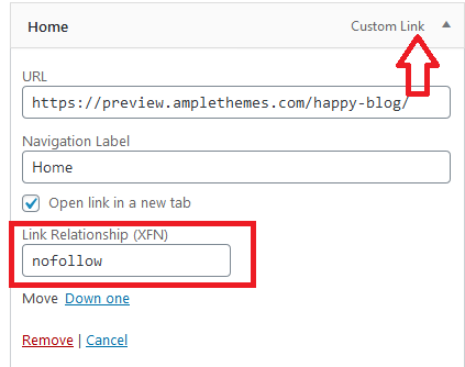 Custom Link nofolllow attribute