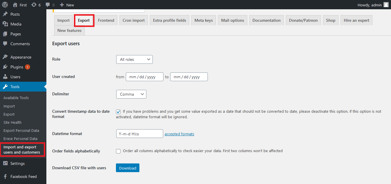 Import and export users and customers